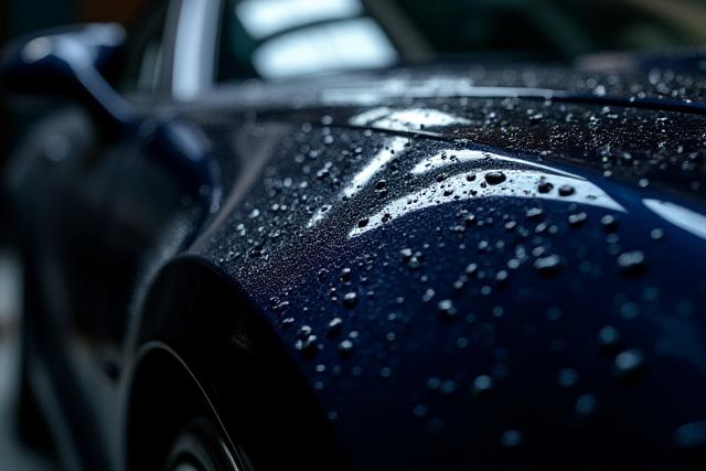 Autó kerámia bevonattal: Fényes, víztaszító felület egy sötét színű autón.