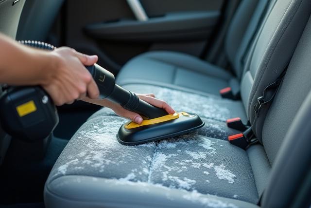 Autó belső tisztítása: Szőnyegtisztítás professzionális eszközökkel.