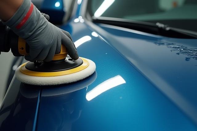 Festék korrekció: Részletgazdag munka polírozógéppel az autó fényezésén.