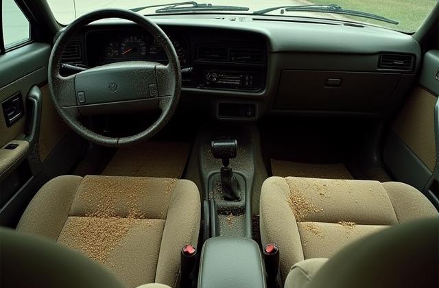 Koszos, morzsás autó belső tér, tisztítás előtt